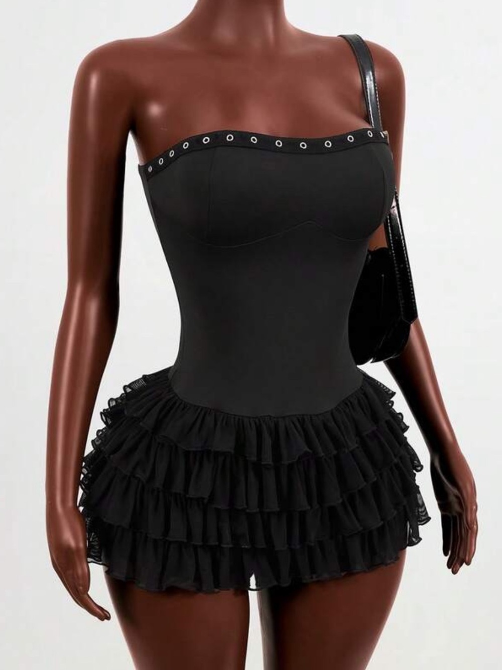 Black Strapless Ruffle Romper with Eyelet Trim